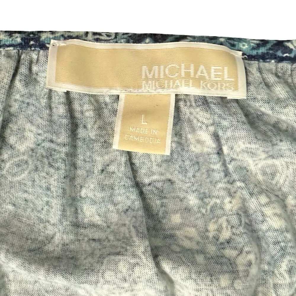 Michael Kors Blue Paisley Floral Scoop Neck Bracelet Sleeve Blouse Top size L - Picture 4 of 10